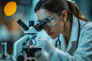 Poster - An adept scientist carefully inspects a microscopic specimen in a modern scientific research facility