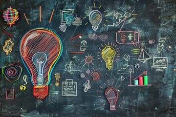 Poster - Drawing of a light bulb on a chalkboard, perfect for educational or creative concepts