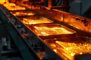 Aufkleber - A conveyor belt filled with trays of food, perfect for illustrating food production processes
