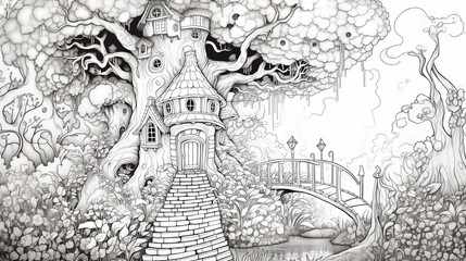 Wall Mural - fairy tale castle on the hill coloring book drawing sketch illustration painting