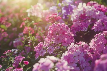 Poster - Beautiful field of pink and purple flowers in the sun. Perfect for nature and floral backgrounds