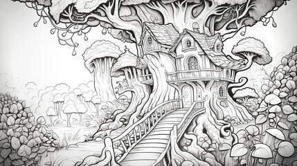 Wall Mural - fairy tale castle on the hill coloring book drawing sketch illustration painting