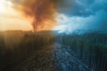 Poster - A picture of a forest with a fire in the distance. Suitable for environmental or disaster-related projects