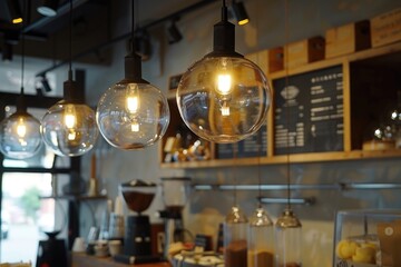 Poster - A cluster of lights hanging from a ceiling. Ideal for interior design projects
