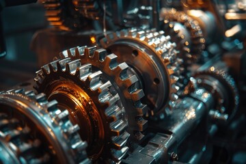 Poster - Detailed close up of machine gears. Suitable for industrial and engineering concepts