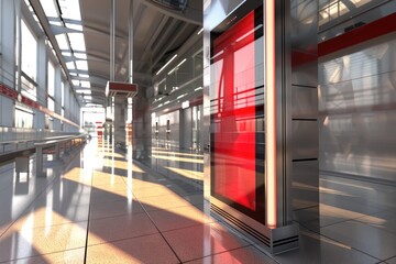 Poster - Abandoned train station with a striking red door. Ideal for transportation or urban exploration themes