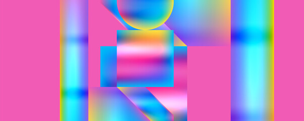 Poster - A vibrant abstract background featuring geometric shapes in hues of magenta, azure, purple, and electric blue on a pink backdrop, creating a symmetrical and artful pattern of rectangles