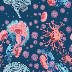 Poster - Collection of different virus types on a blue backdrop. Suitable for medical and scientific concepts