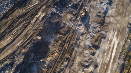 Poster - Aerial view of a train track and a dump truck, suitable for transportation concepts