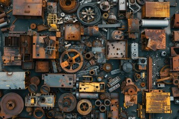 Aufkleber - A collection of rusty metal parts stacked together. Suitable for industrial concepts