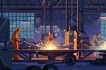 Aufkleber - A group of people working in a factory. Suitable for industrial and manufacturing concepts