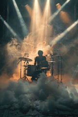 Poster - Musician playing drums on stage with smoke effect. Suitable for music events promotion