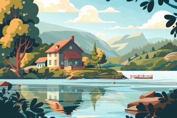 Poster - A serene painting of a house located next to the water. Ideal for real estate or travel concepts