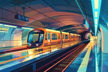 Aufkleber - A train traveling through a train station next to a platform. Suitable for transportation concepts