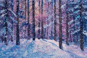 Aufkleber - A beautiful painting of a snowy scene with trees. Perfect for winter-themed designs