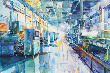 Poster - A painting of a factory filled with machines. Suitable for industrial concepts
