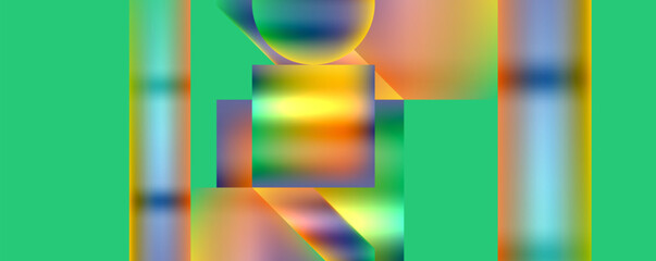 Poster - A visually striking painting with a vibrant color palette including electric blue, magenta, and shades of green. The artwork features a mix of circles and rectangles, creating a symmetrical pattern