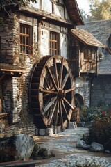Poster - A picturesque water wheel in front of a charming stone building. Ideal for historical or rural themes