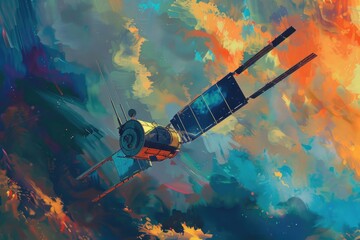 Aufkleber - A painting of a space station in the sky. Suitable for science fiction or futuristic concepts