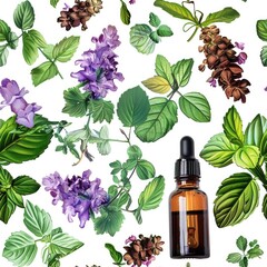 Poster - A bottle of essential oil surrounded by flowers and leaves. Ideal for aromatherapy and natural beauty concepts