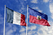 3d illustration. France and Haiti Flag waving in sky. High detailed waving flag. 3D render. Waving in sky. Flags fluttered in the cloudy sky.