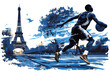 Blue watercolor paint of basketball player dribble ball by eiffel tower