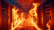 Data center room burning causing critical database failure and data loss. Server is down, 500 Error concept