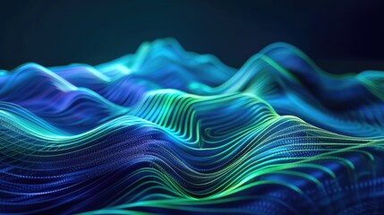 Wall Mural - Abstract digital wave with dynamic lines and light particles on dark background.