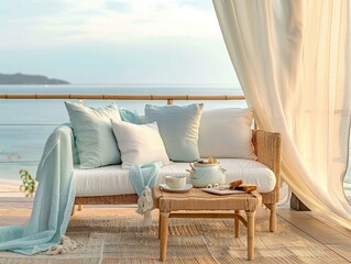 Sticker - A serene coastal balcony at sunrise featuring a wicker