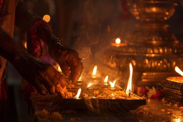 Wall Mural - A prayer is lighting a candle in a bowl