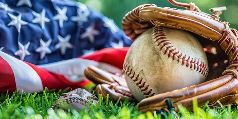 Ball in baseball glove shot on american flag background