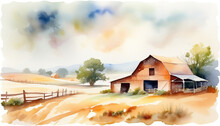 Idyllic Watercolor Painting Of A Rustic Barn In A Pastoral Landscape, Embodying Harvest Time And Thanksgiving Themes