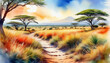 Artistic interpretation of an African savannah landscape with vibrant brush strokes, suitable for Earth Day themes and nature-inspired creative projects