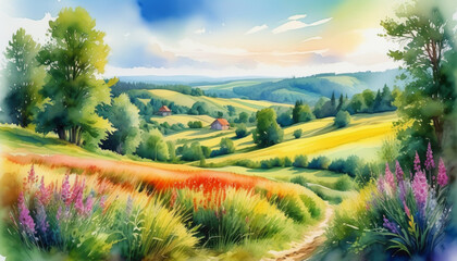 Wall Mural - Idyllic countryside landscape painting featuring vibrant wildflowers, rolling hills, and farmland, ideal for spring and summer rural beauty concepts