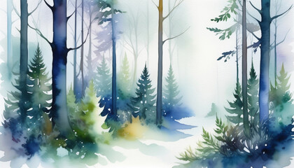 Sticker - Watercolor winter forest landscape with evergreen trees and snow, ideal for Christmas and seasonal backgrounds