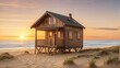 A small wooden house is on the beach. The house is on stilts and has a deck with a table and chairs. The sun is setting over the ocean, casting a warm glow over the scene.

