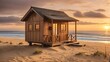 A small wooden house is on the beach. The house is on stilts and has a deck with a table and chairs. The sun is setting over the ocean, casting a warm glow over the scene.

