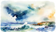 Serene watercolor seascape with vibrant waves and coastal cliffs, ideal for World Oceans Day themes and tranquil nature-inspired creative projects