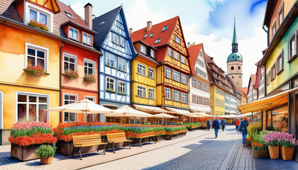 Canvas Print - Quaint European old town street lined with colorful half-timbered buildings and sidewalk cafes, invoking concepts of tourism and cultural heritage