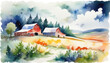 Idyllic watercolor countryside scene with red barns amidst autumn foliage, ideal for Thanksgiving and fall harvest-themed designs