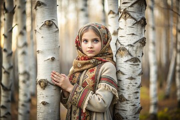 Wall Mural - Russian folk traditions. Russian flavor. A cute little girl in a national Russian dress and headscarf in a beautiful birch grove. Portrait of a beautiful girl in a birch forest.