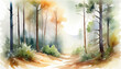Watercolor illustration of a serene forest path in autumnal hues, ideal for themes of Earth Day, nature tranquility, and fall seasonal landscapes