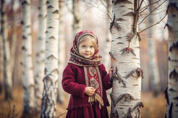 Wall Mural - Russian folk traditions. Russian flavor. A cute little girl in a national Russian dress and headscarf in a beautiful birch grove. Portrait of a beautiful girl in a birch forest.