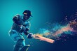 Cricket batsman playing on the blue background giving a six shot