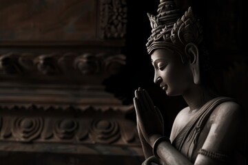 Wall Mural - A statue of a Buddha with a hand raised in a prayer pose