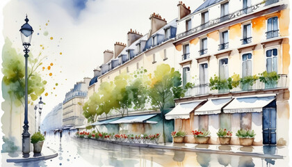 Poster - Watercolor illustration of a quaint Parisian street with blooming flowers, reflecting the romantic charm of France, ideal for travel and springtime themes