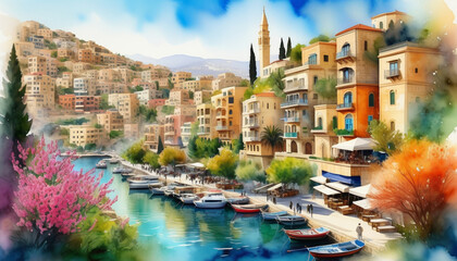 Canvas Print - Mediterranean coastal town with colorful buildings, moored boats, and blooming trees, ideal for travel destinations or European summer holidays