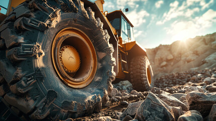 Wall Mural - A mighty truck conquers a challenging terrain, its colossal wheels crushing rocks beneath its path on a construction site