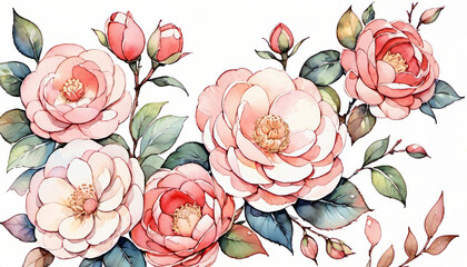 Wall Mural - Watercolor illustration of delicate pink camellia flowers with green leaves, ideal for wedding invitations, Mother's Day, and spring-themed designs