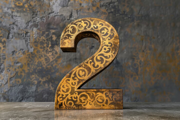 Rustic golden number 2 with ornate patterns on textured background